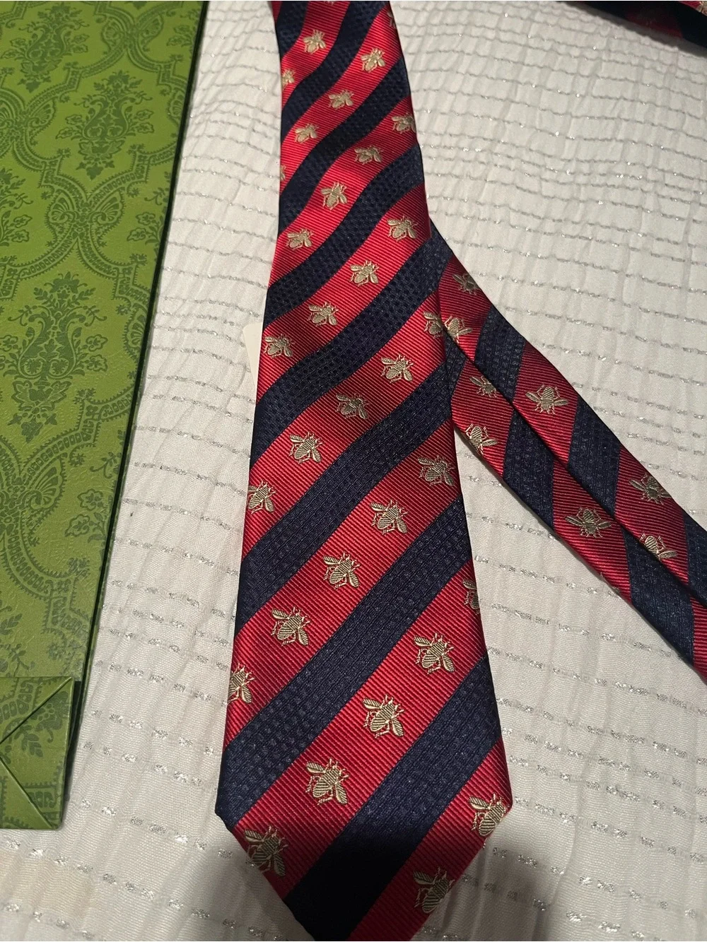 Gucci Men's Red & Navy Striped Silk Tie with Bee Motif